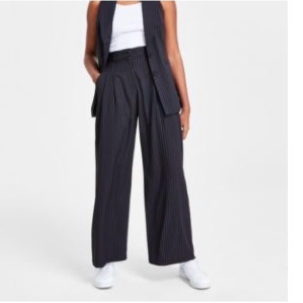 Bar III Black Pinstripe Wide-Leg Trousers